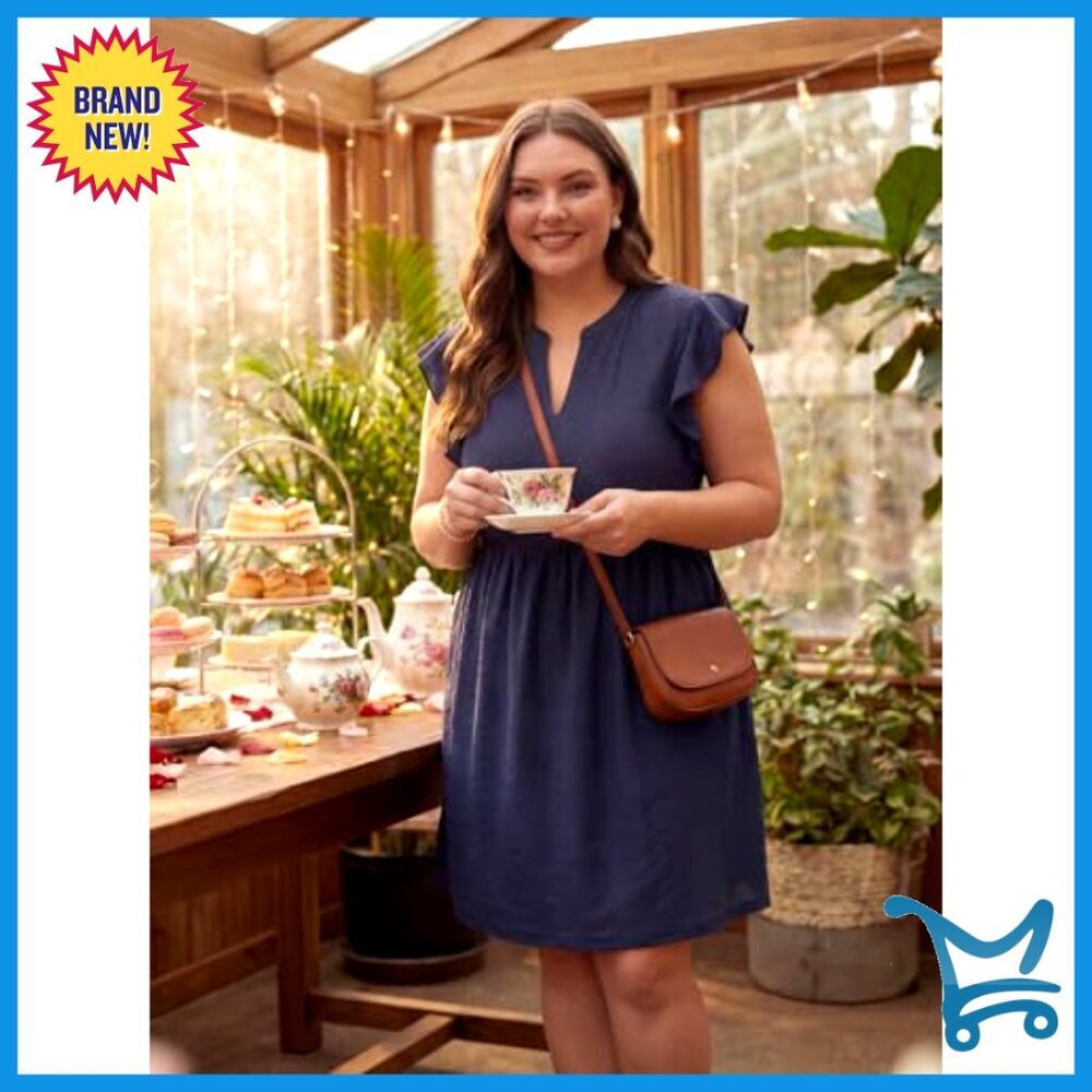 Plus Size Stretchy Eyelet Midi Dress with Pockets V Neck Flutter Sleeve - Picture 6 of 7